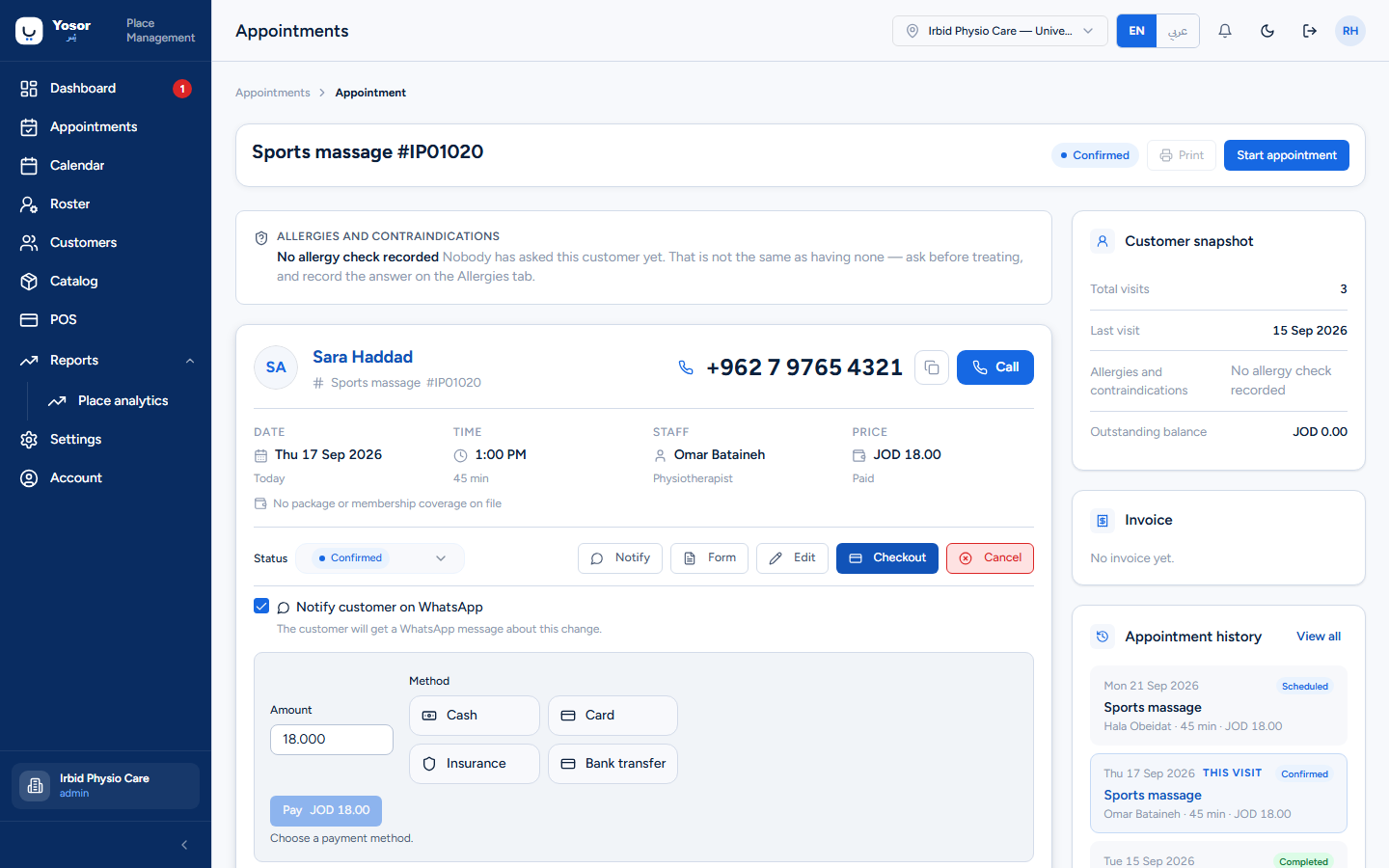 Inline checkout on the appointment page
