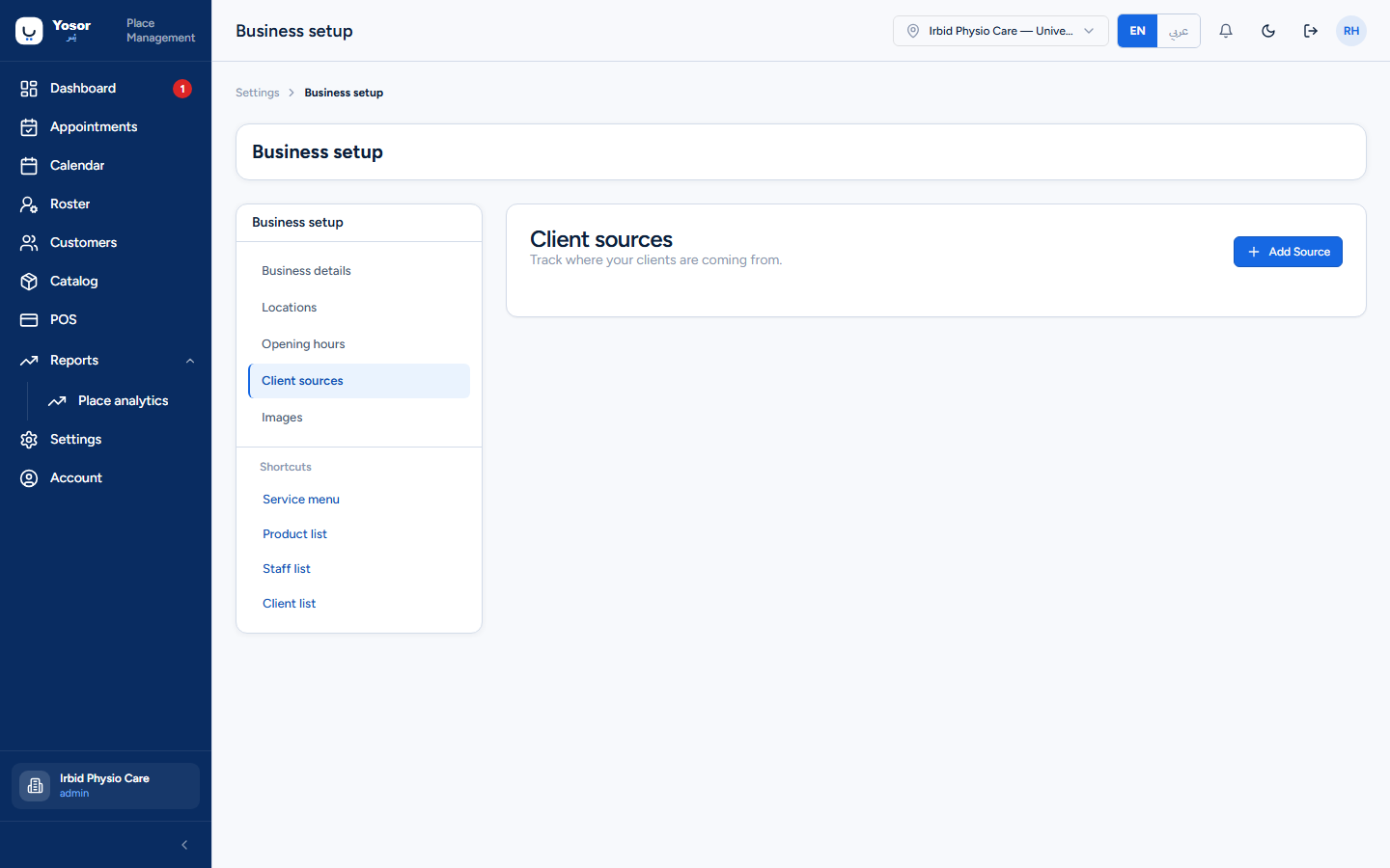 Business setup — client sources