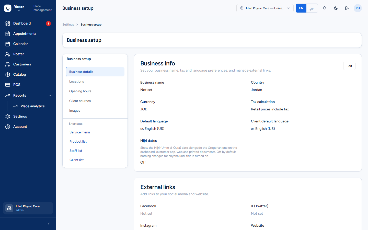 Business setup — details