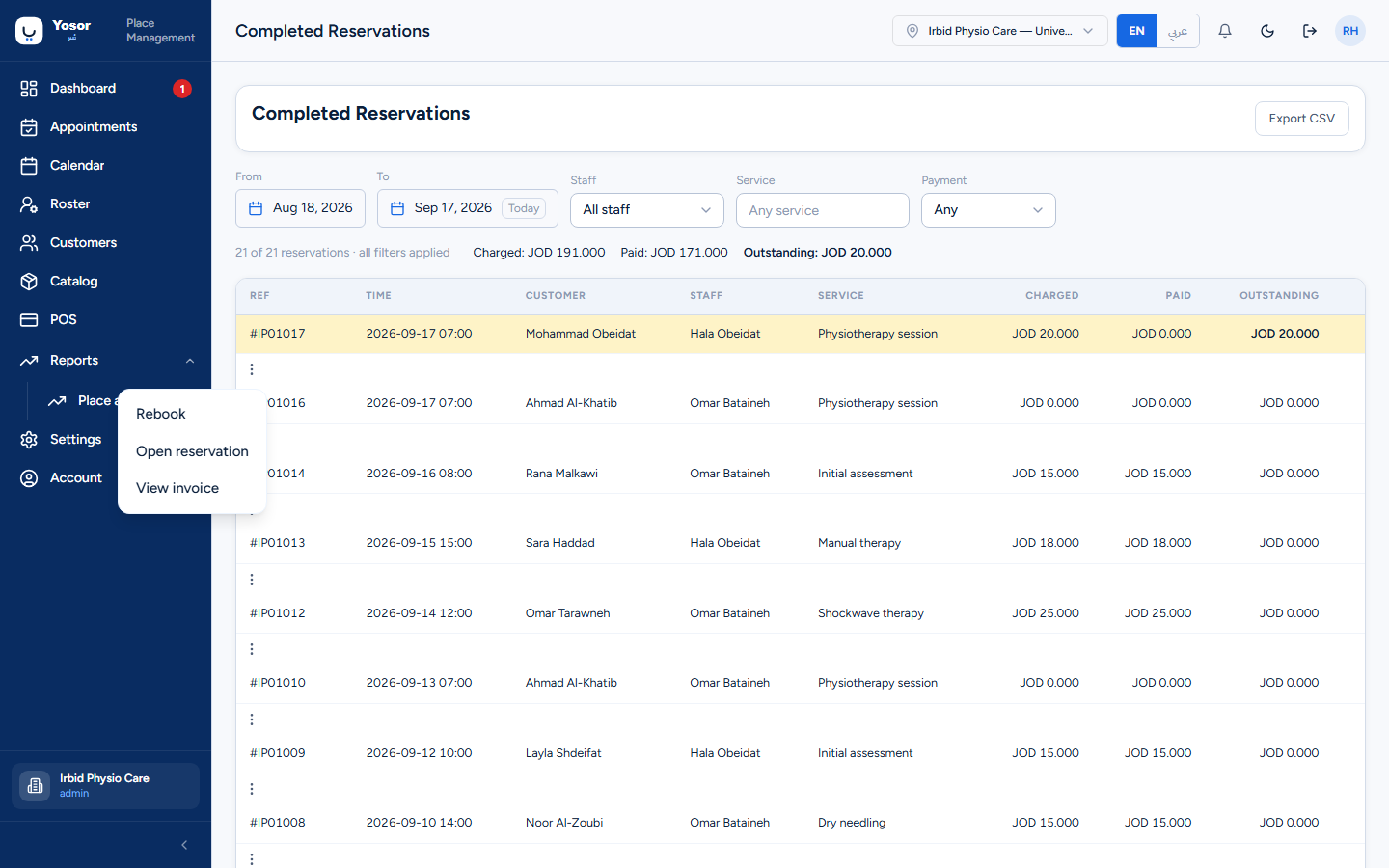 Completed reservations — row actions