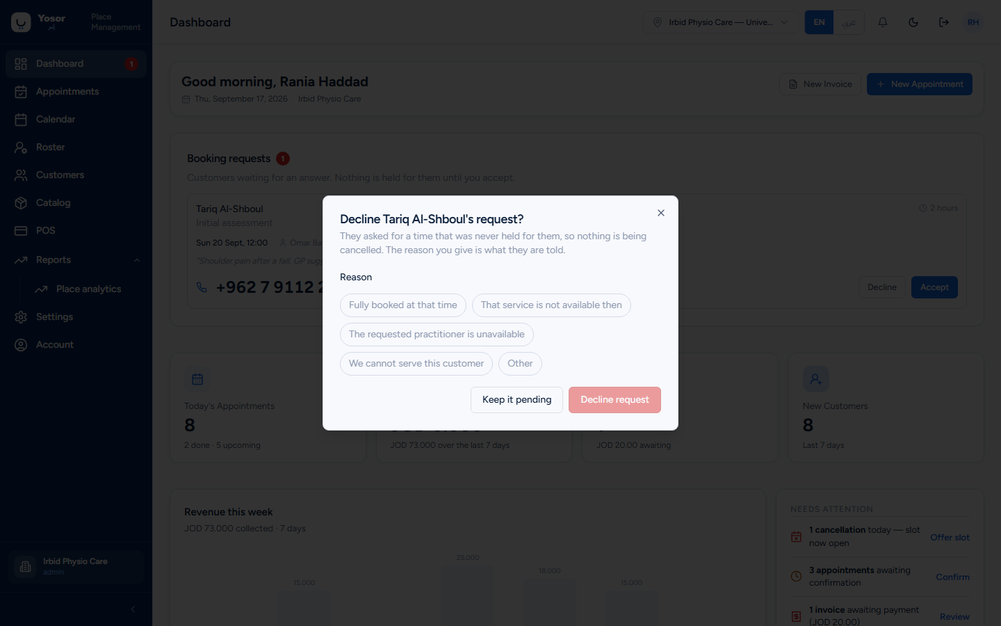 Declining a booking request