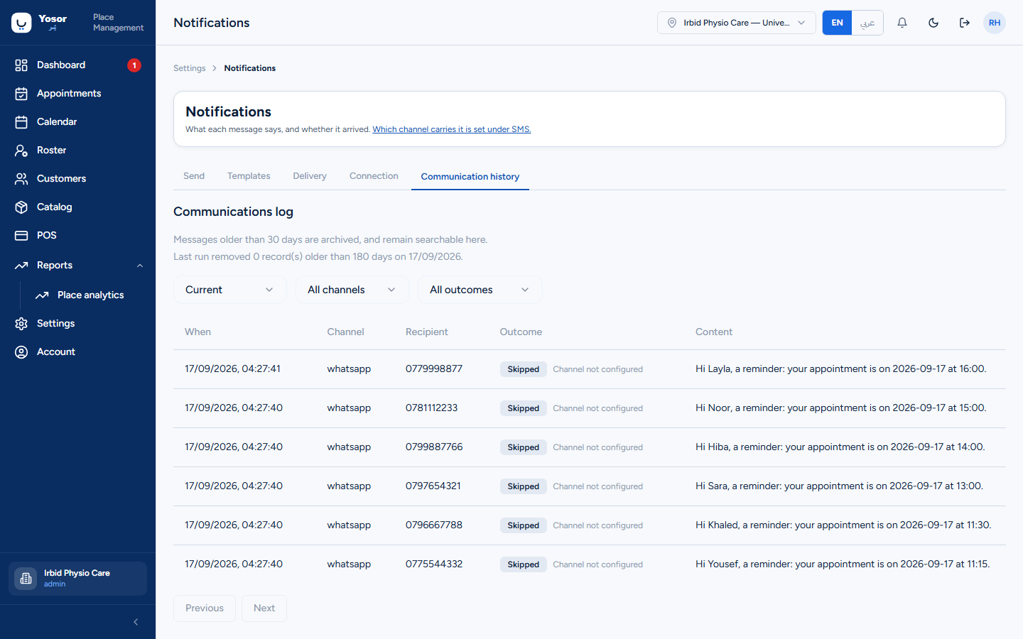 Notifications — Communication history