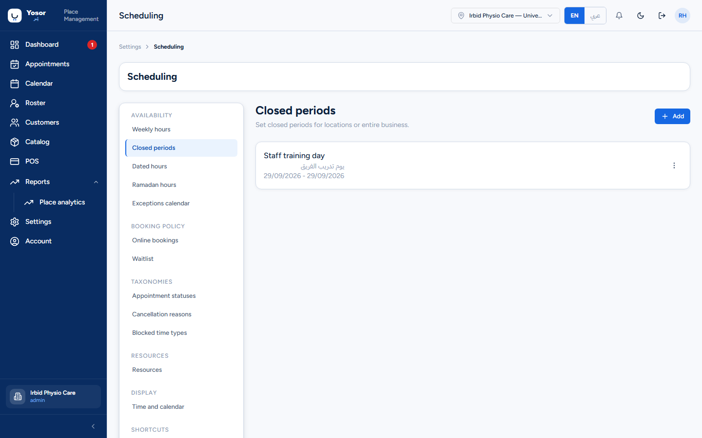 Scheduling — Closed periods
