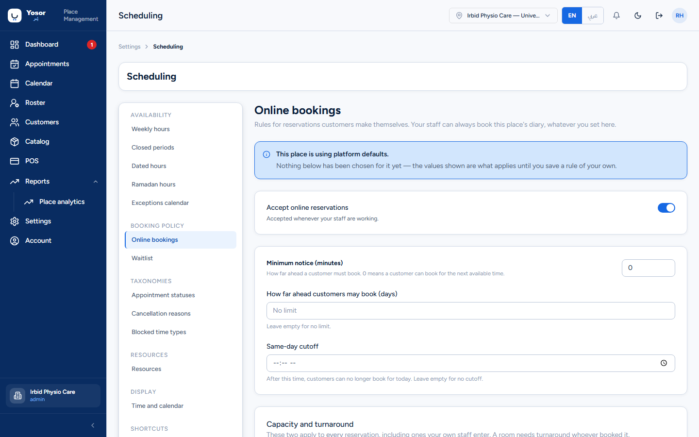 Scheduling — Online bookings