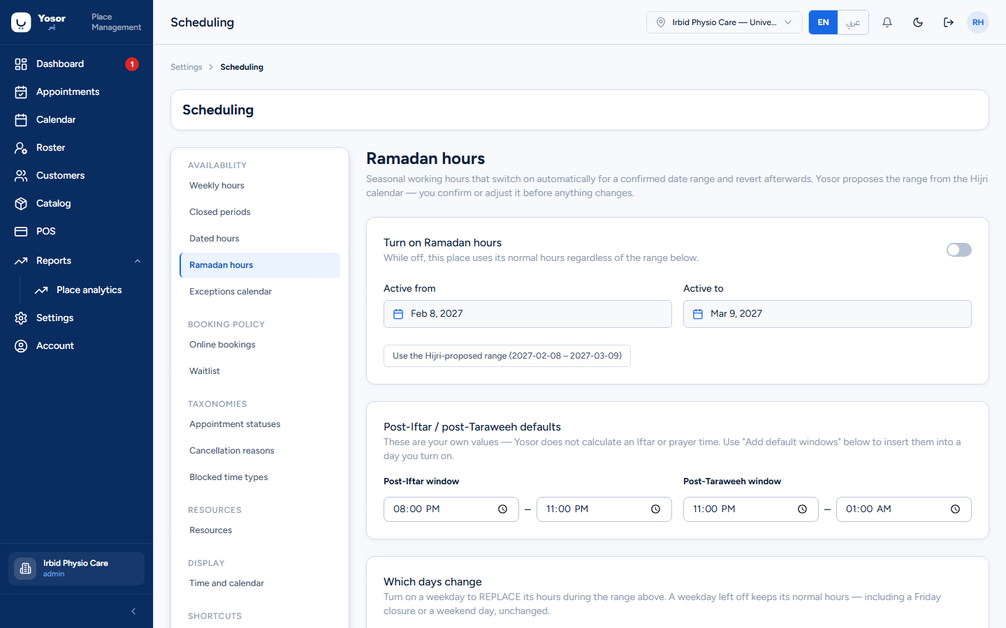 Scheduling — Ramadan hours